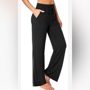 Women's Casual Loose Wide Leg Pants Drawstring High Waisted Pockets Black Small